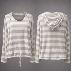🔥🔥🔥So Lounge Life Striped Hoodie‎ Cropped Drawstring Pocket Gray White Size L